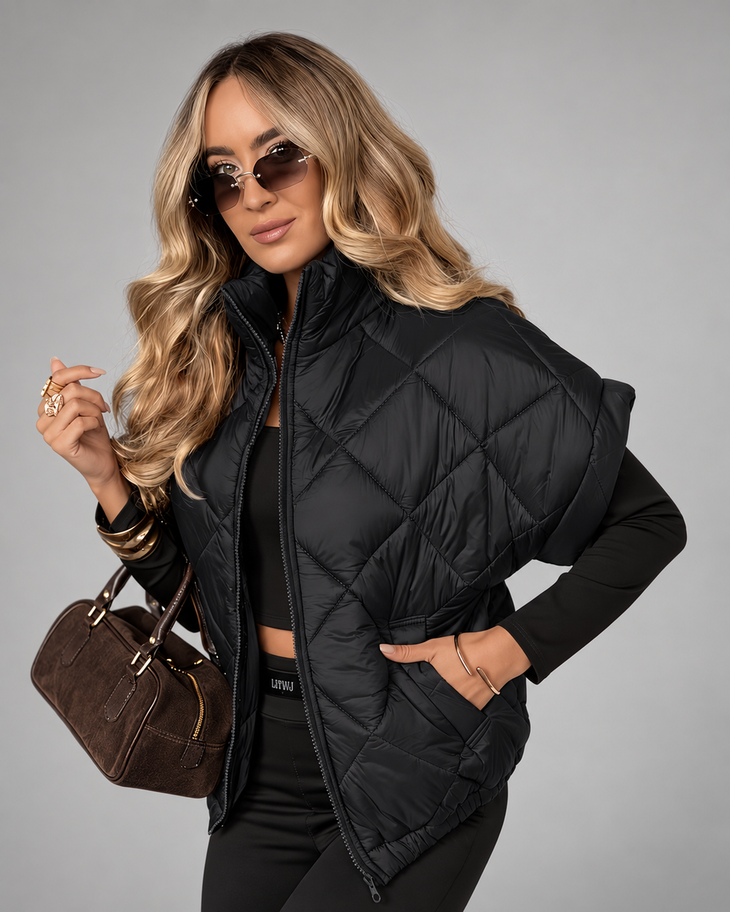 Women's Oversized Diamond Quilted Gilet with Stand Collar and Zip Front
