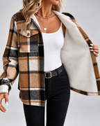 Women's sherpa lined plaid jacket with hood and chest pockets