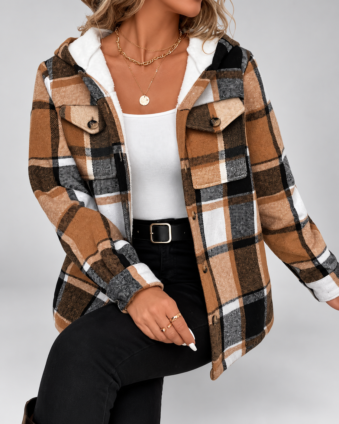 Women's sherpa lined plaid jacket with hood and chest pockets