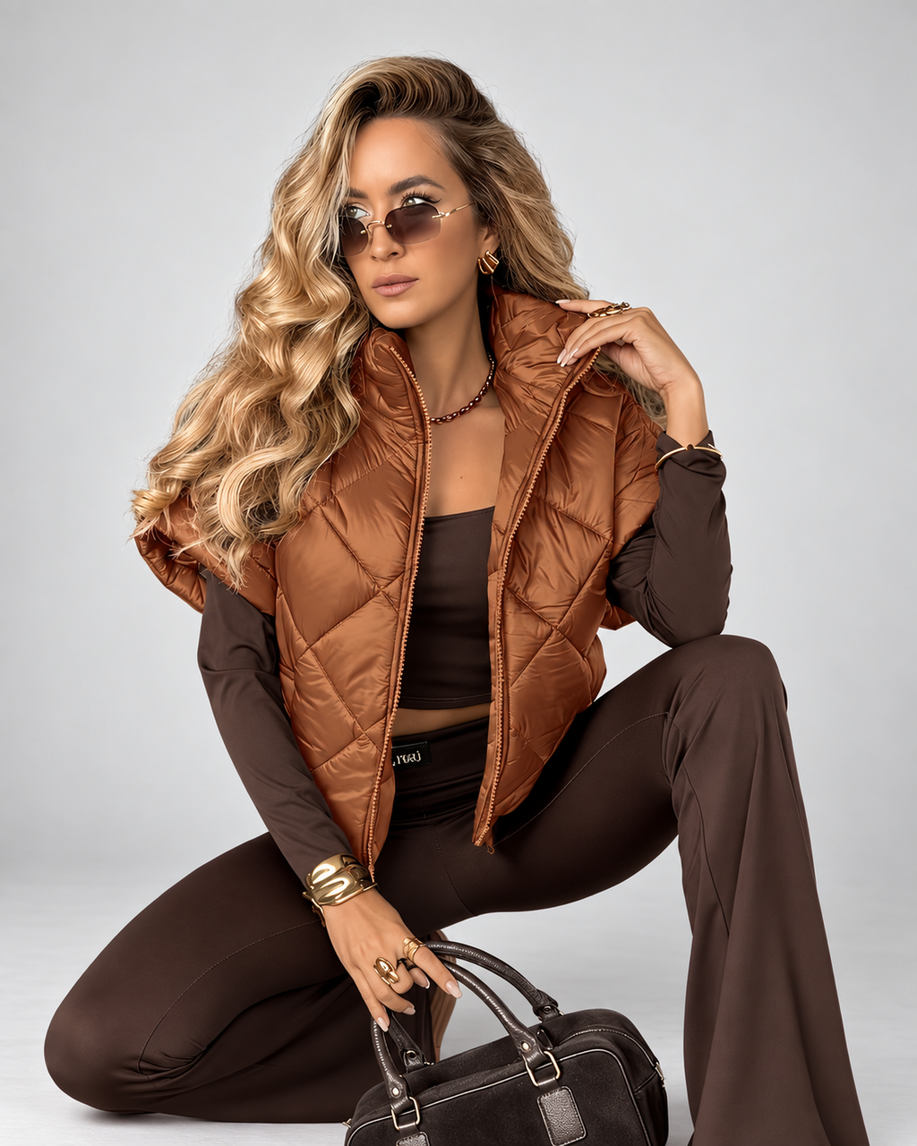 Women's Oversized Diamond Quilted Gilet with Stand Collar and Zip Front