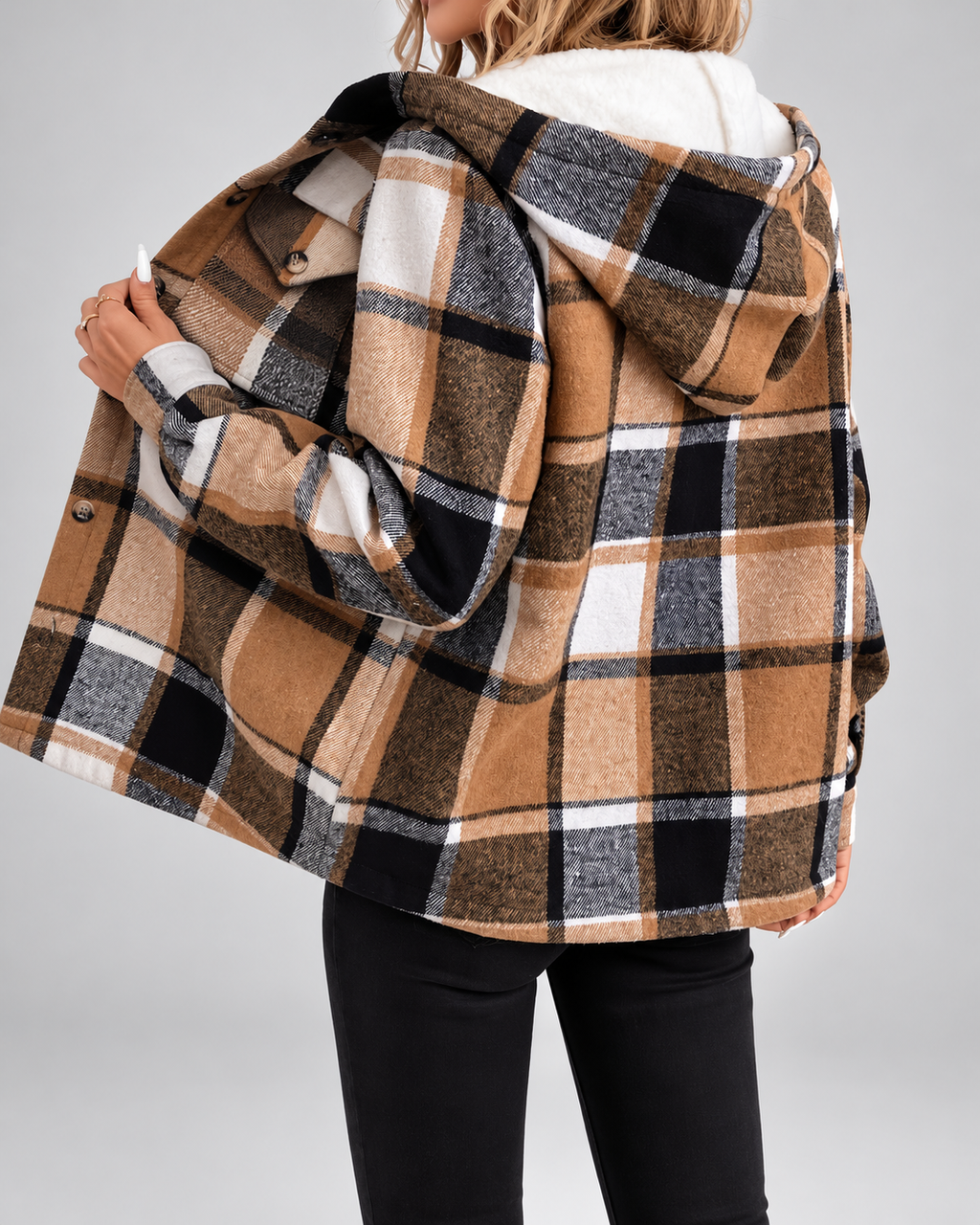 Women's sherpa lined plaid jacket with hood and chest pockets