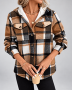 Women's sherpa lined plaid jacket with hood and chest pockets