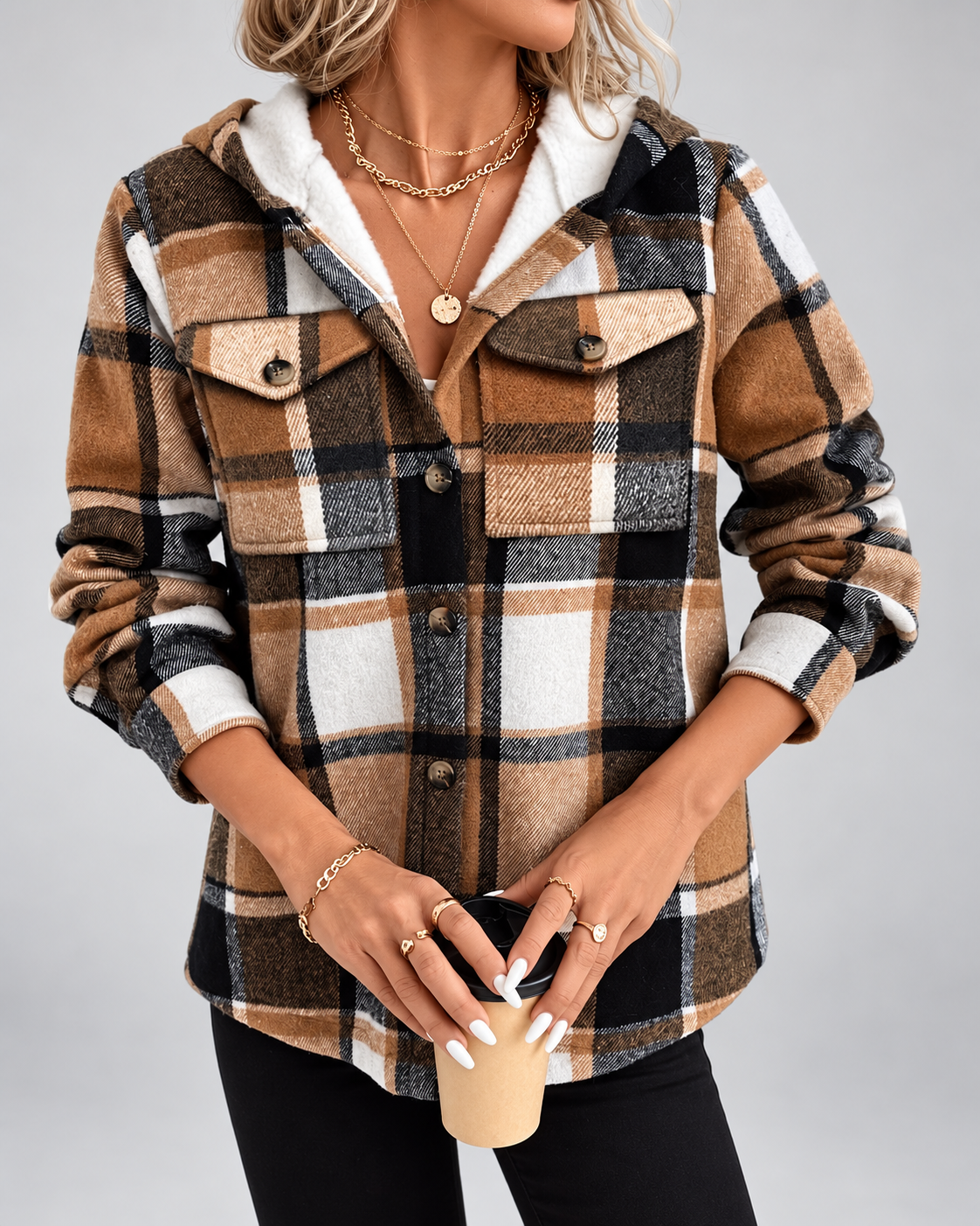 Women's sherpa lined plaid jacket with hood and chest pockets