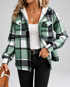 Women's sherpa lined plaid jacket with hood and chest pockets