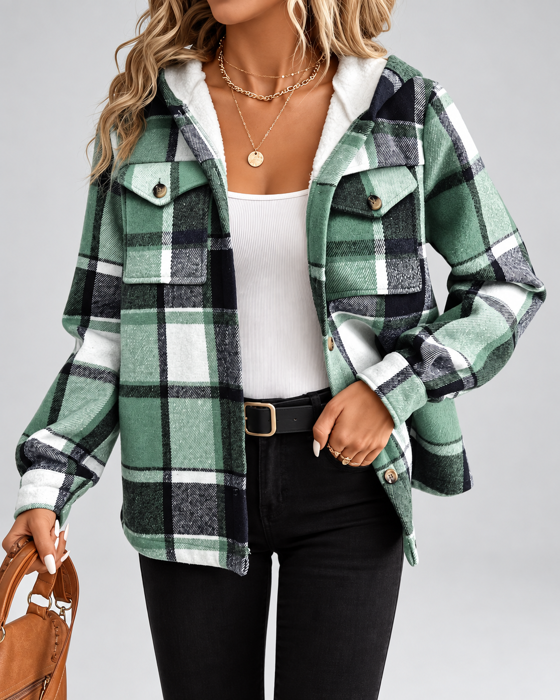 Women's sherpa lined plaid jacket with hood and chest pockets