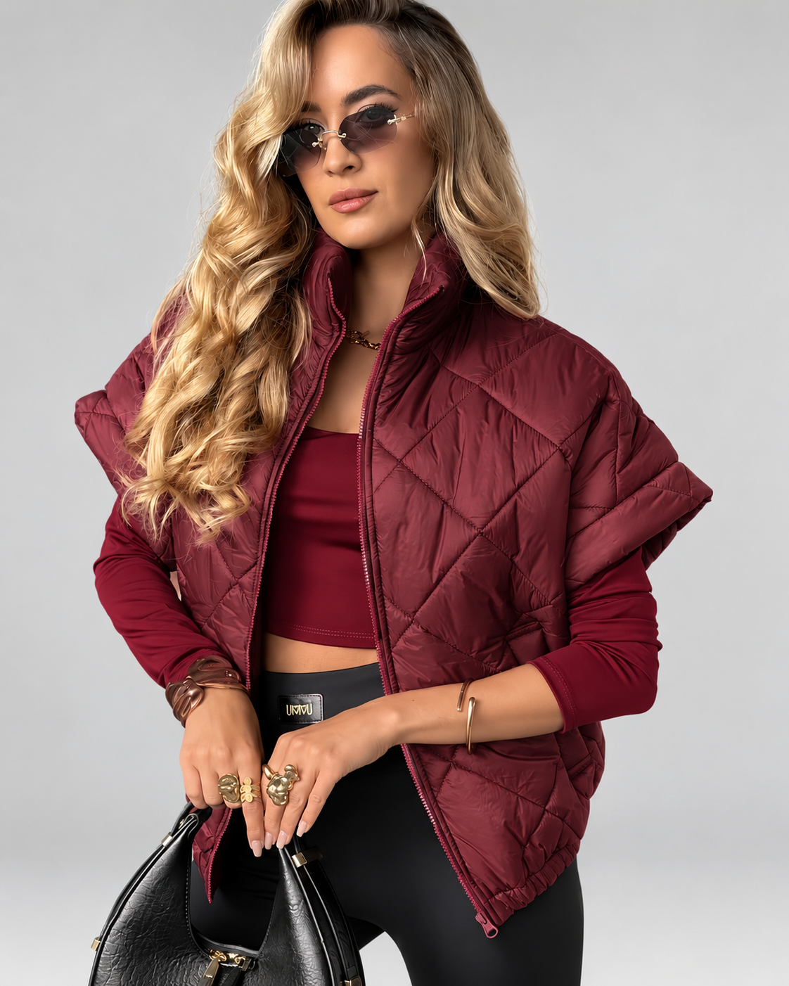 Women's Oversized Diamond Quilted Gilet with Stand Collar and Zip Front