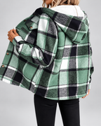 Women's sherpa lined plaid jacket with hood and chest pockets