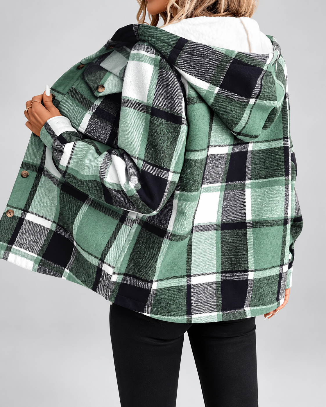 Women's sherpa lined plaid jacket with hood and chest pockets