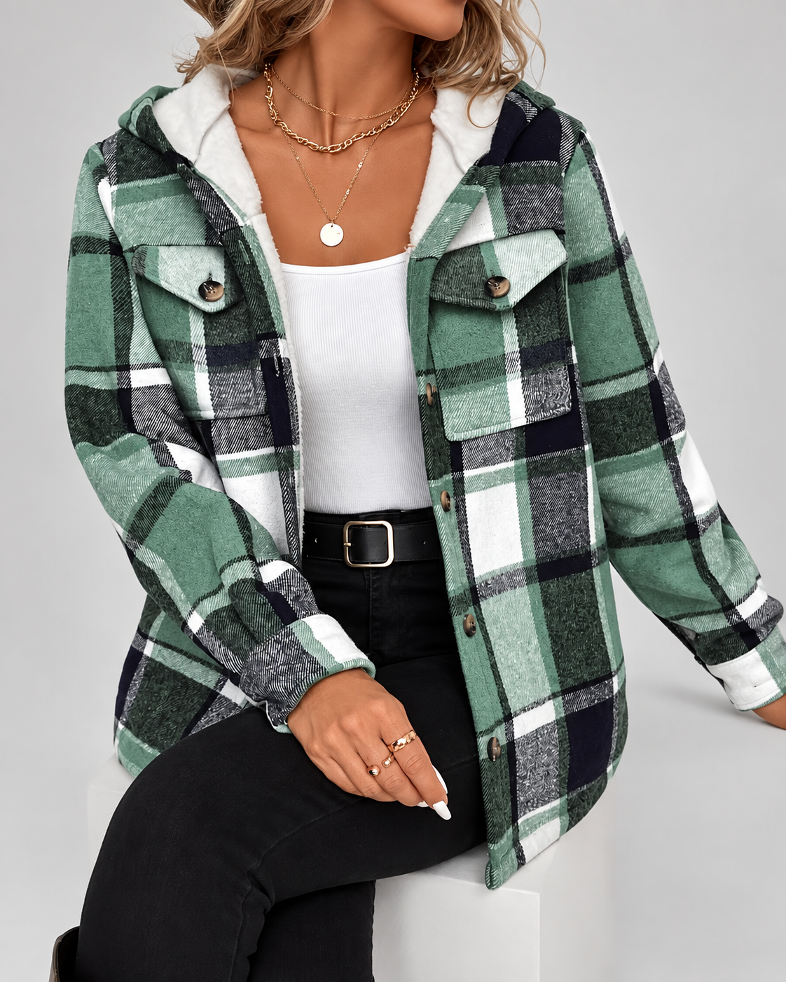 Women's sherpa lined plaid jacket with hood and chest pockets