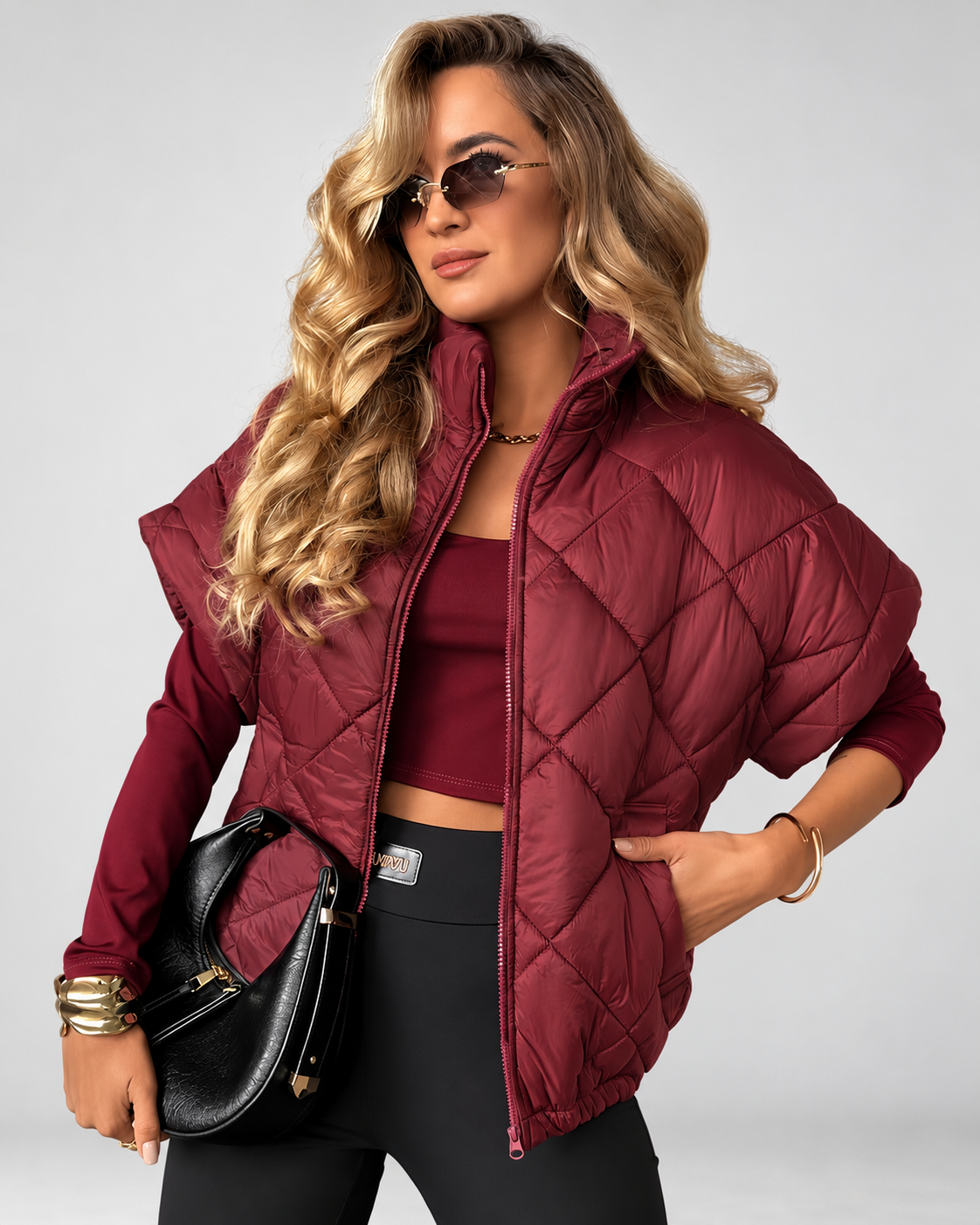 Women's Oversized Diamond Quilted Gilet with Stand Collar and Zip Front