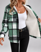 Women's sherpa lined plaid jacket with hood and chest pockets