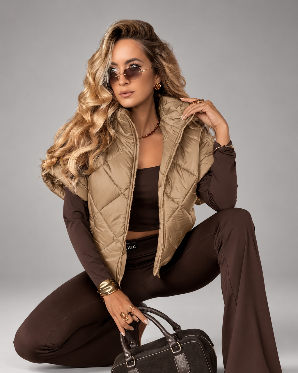 Women's Oversized Diamond Quilted Gilet with Stand Collar and Zip Front