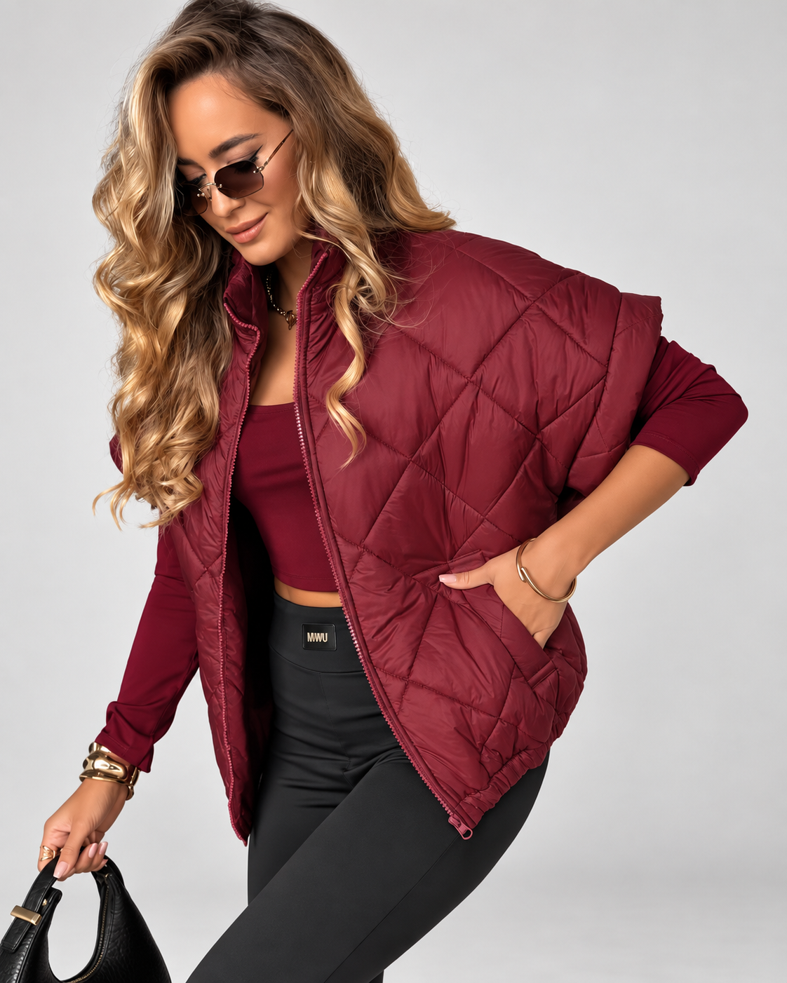Women's Oversized Diamond Quilted Gilet with Stand Collar and Zip Front