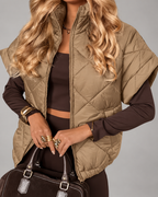 Women's Oversized Diamond Quilted Gilet with Stand Collar and Zip Front