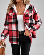 Women's sherpa lined plaid jacket with hood and chest pockets