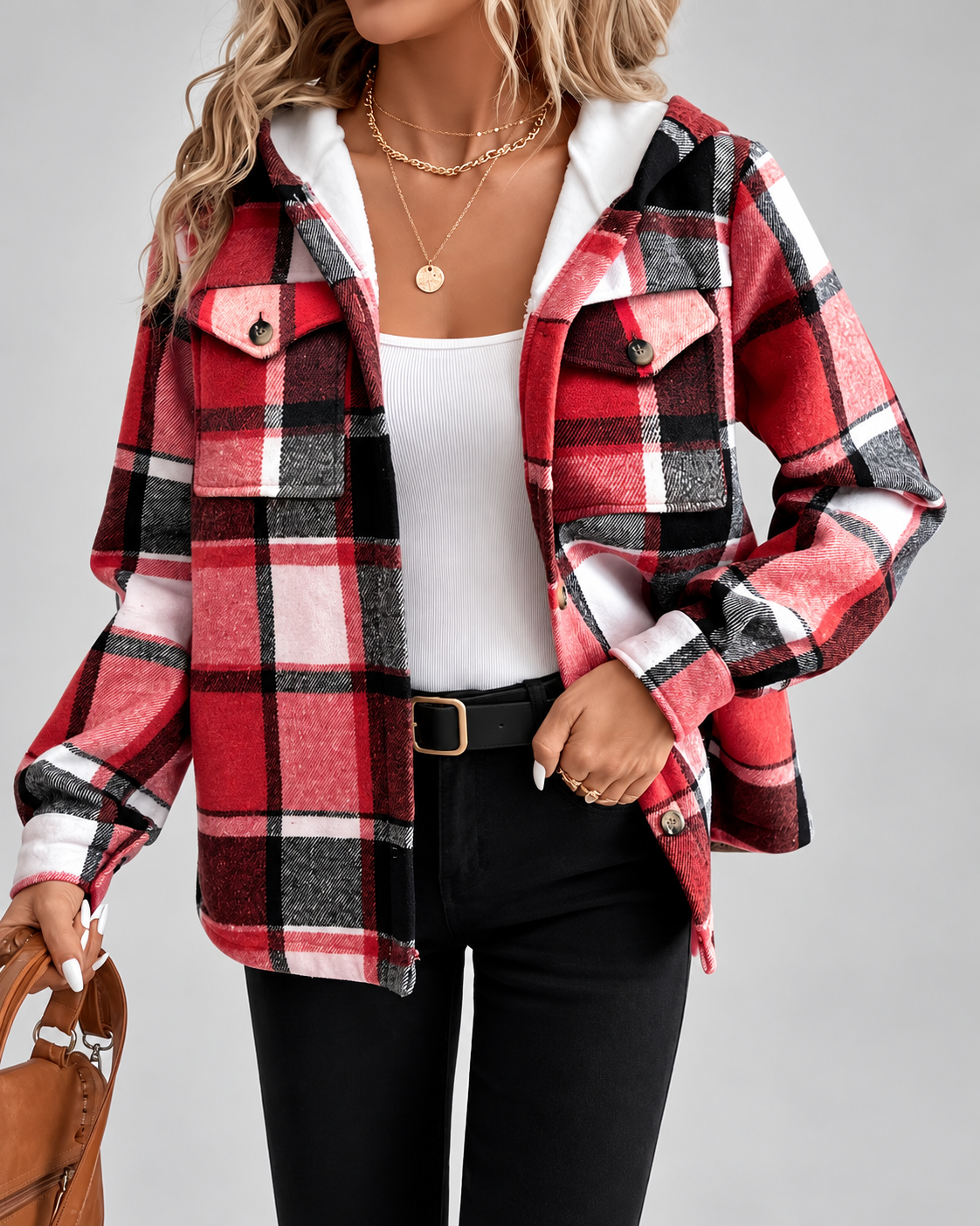 Women's sherpa lined plaid jacket with hood and chest pockets