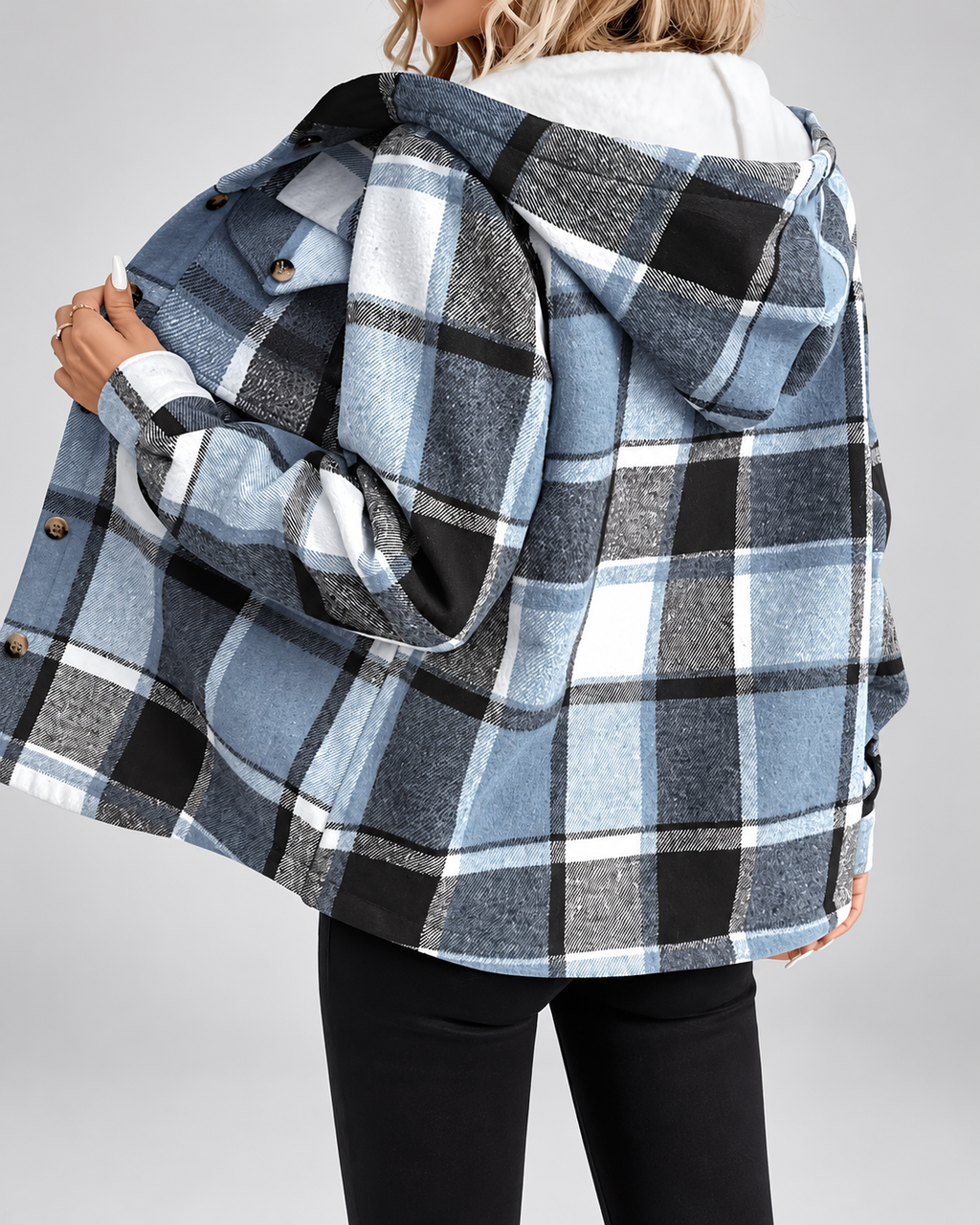 Women's sherpa lined plaid jacket with hood and chest pockets