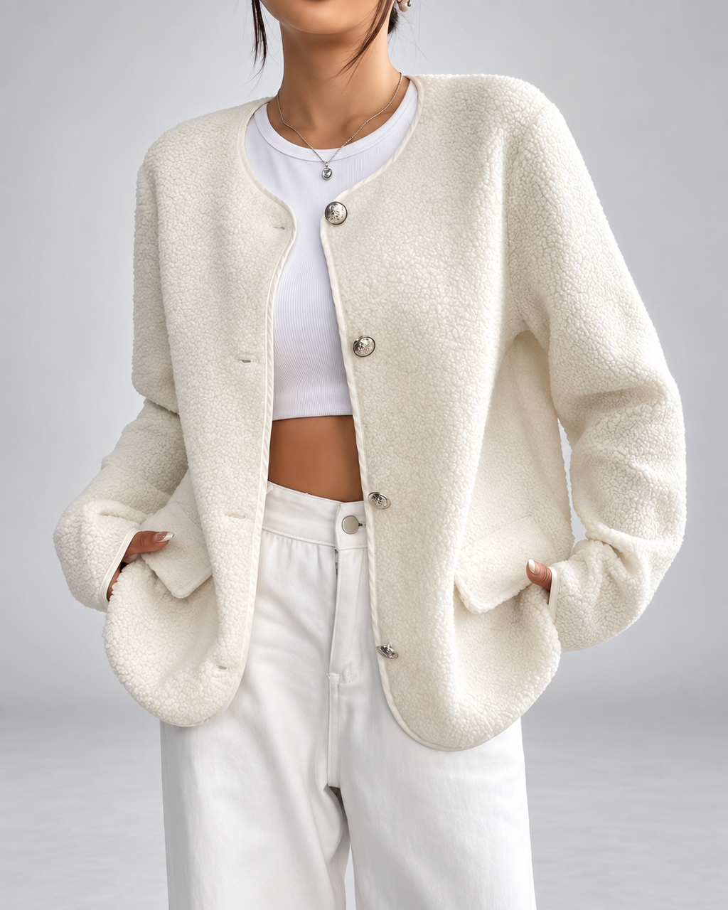 Women's Collarless Teddy Fleece Jacket with Button Front and Patch Pockets