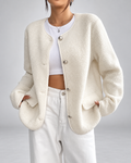 Women's Collarless Teddy Fleece Jacket with Button Front and Patch Pockets