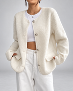 Women's Collarless Teddy Fleece Jacket with Button Front and Patch Pockets