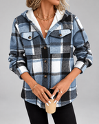 Women's sherpa lined plaid jacket with hood and chest pockets