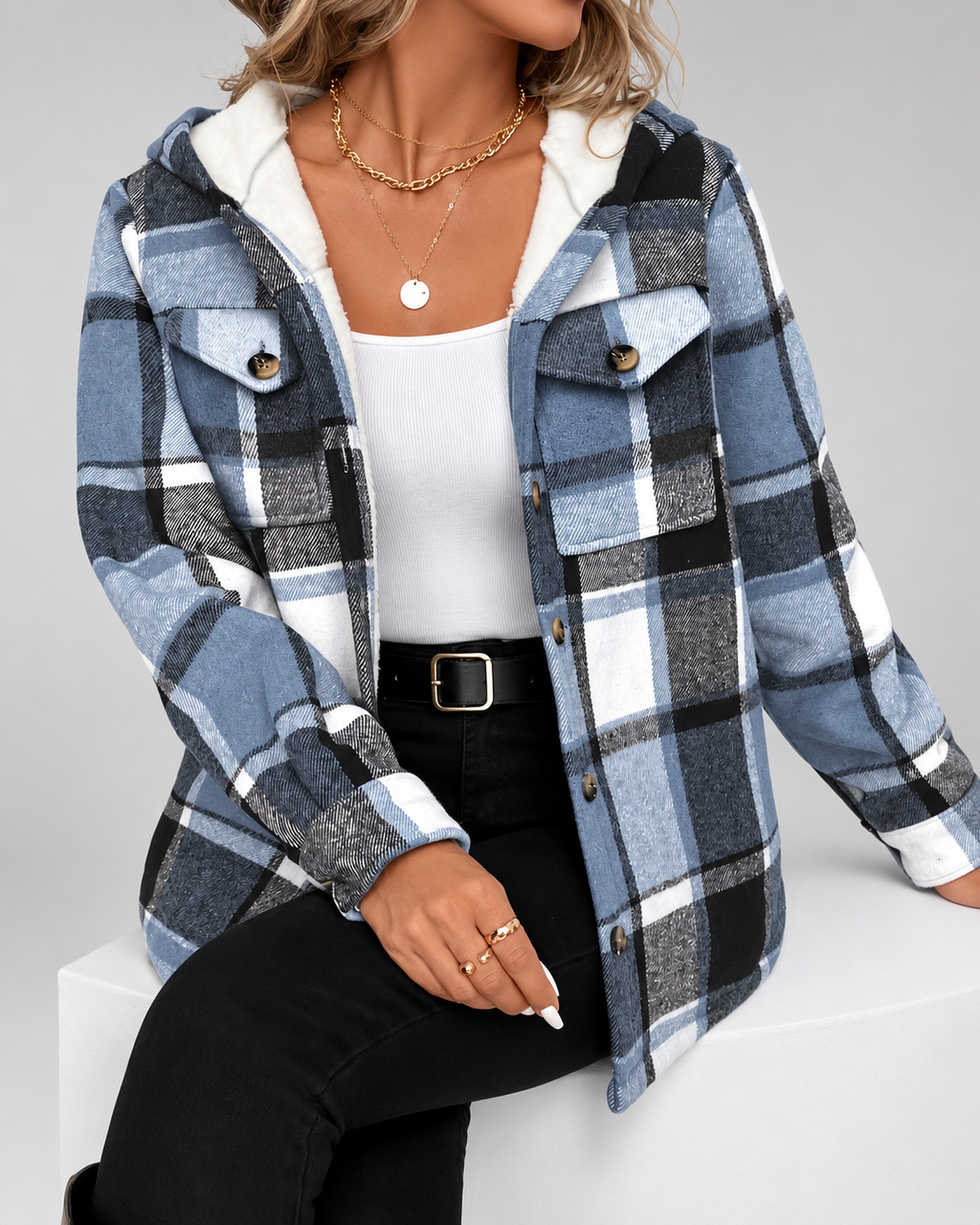 Women's sherpa lined plaid jacket with hood and chest pockets