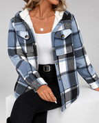 Women's sherpa lined plaid jacket with hood and chest pockets