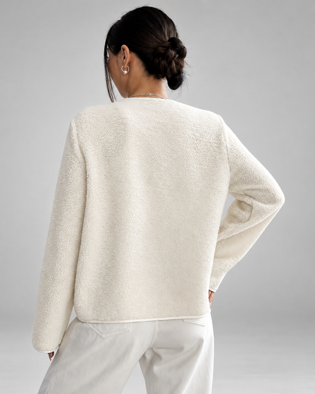 Women's Collarless Teddy Fleece Jacket with Button Front and Patch Pockets