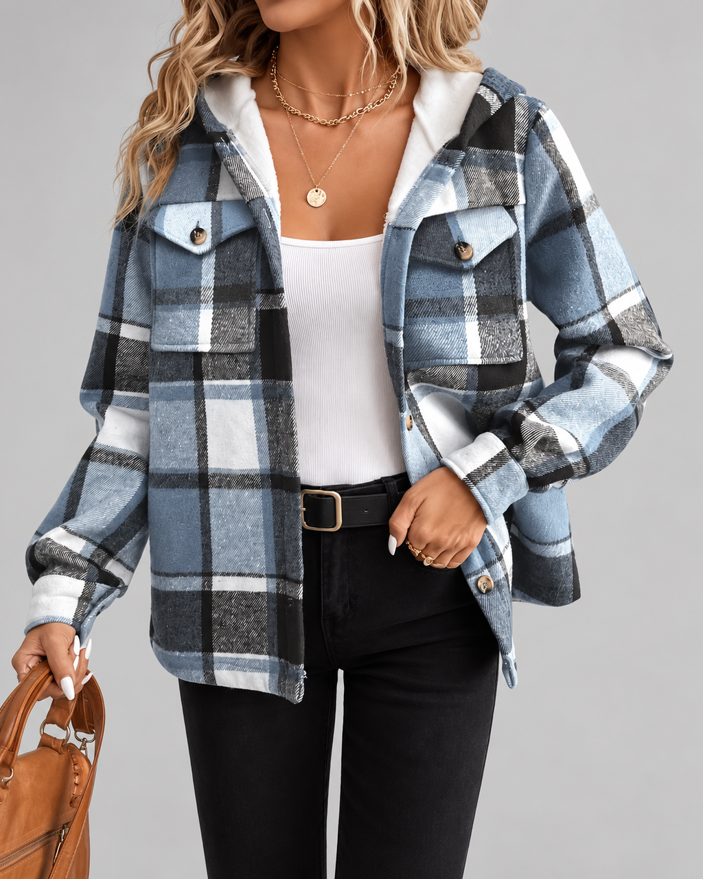 Women's sherpa lined plaid jacket with hood and chest pockets