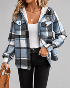 Women's sherpa lined plaid jacket with hood and chest pockets
