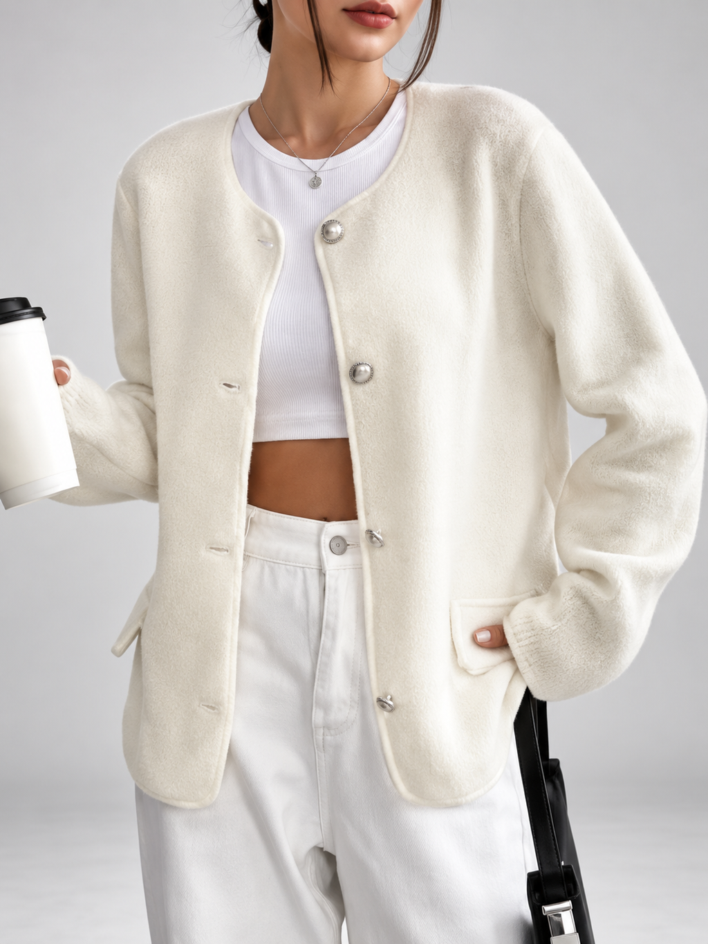 Women's Collarless Teddy Fleece Jacket with Button Front and Patch Pockets