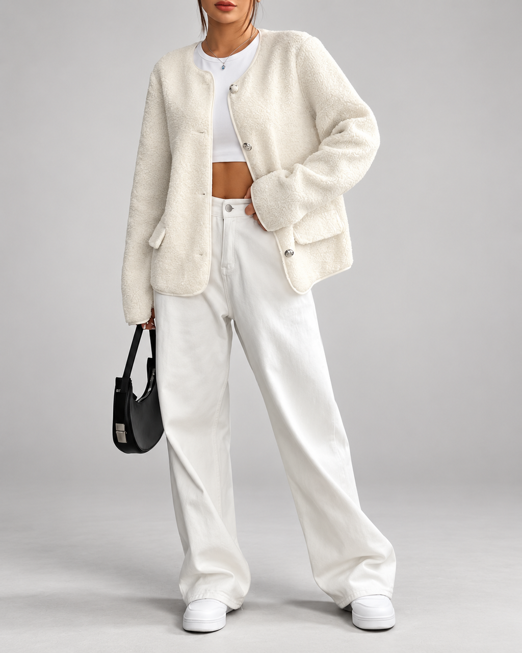 Women's Collarless Teddy Fleece Jacket with Button Front and Patch Pockets