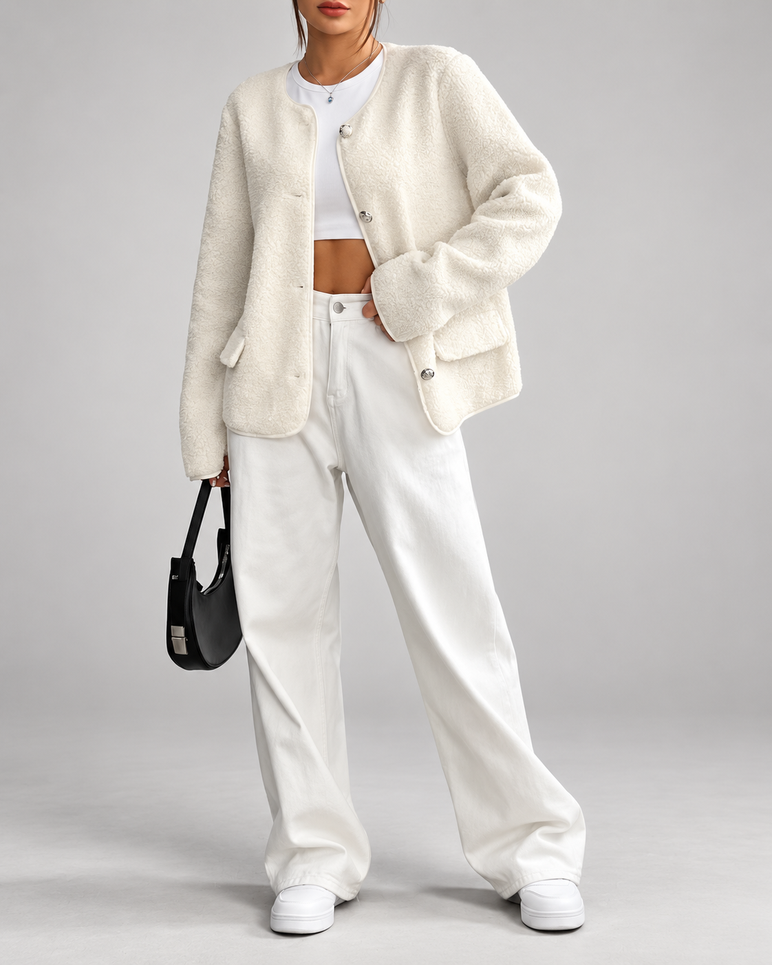 Women's Collarless Teddy Fleece Jacket with Button Front and Patch Pockets