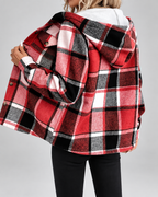 Women's sherpa lined plaid jacket with hood and chest pockets