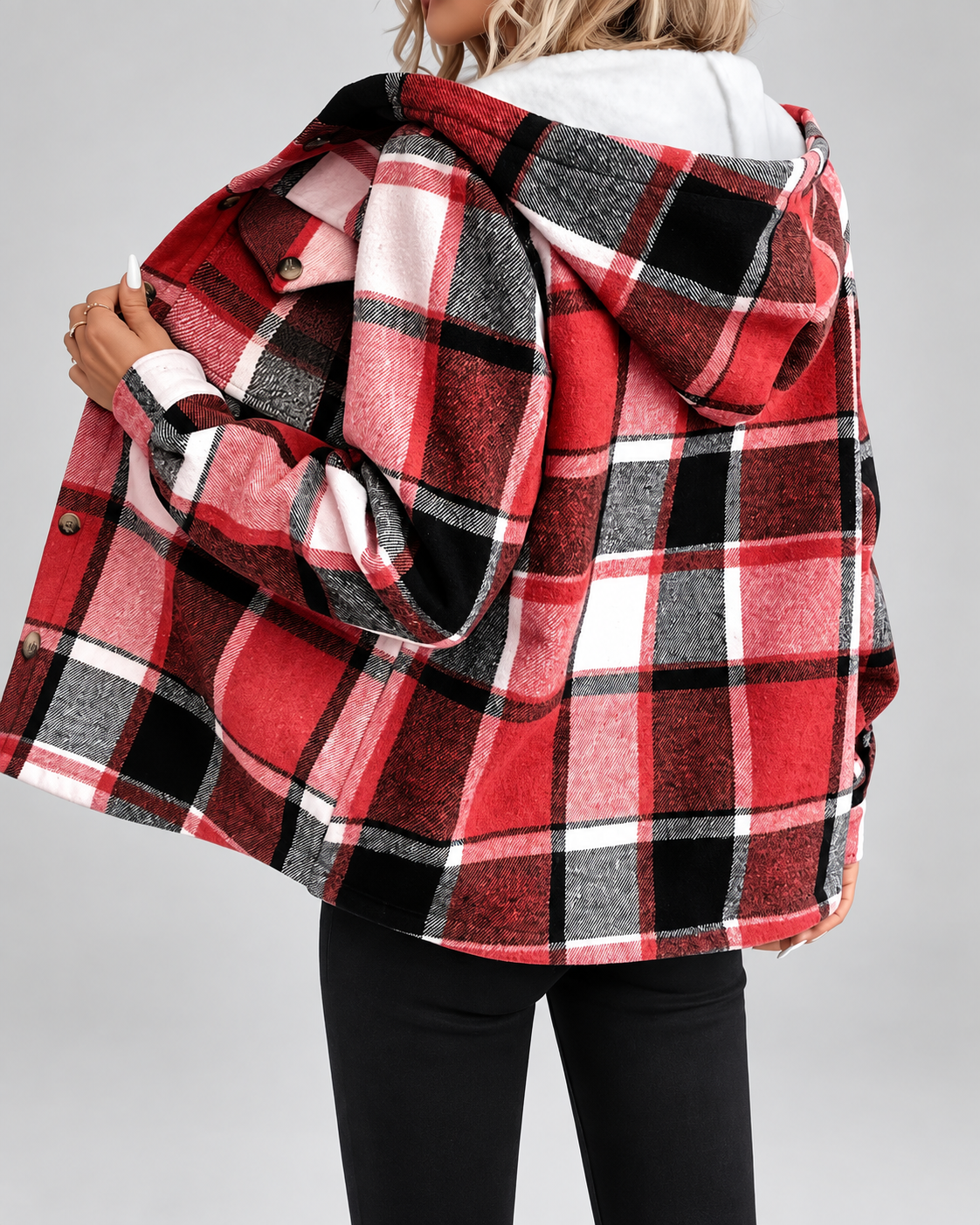 Women's sherpa lined plaid jacket with hood and chest pockets