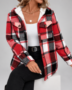 Women's sherpa lined plaid jacket with hood and chest pockets