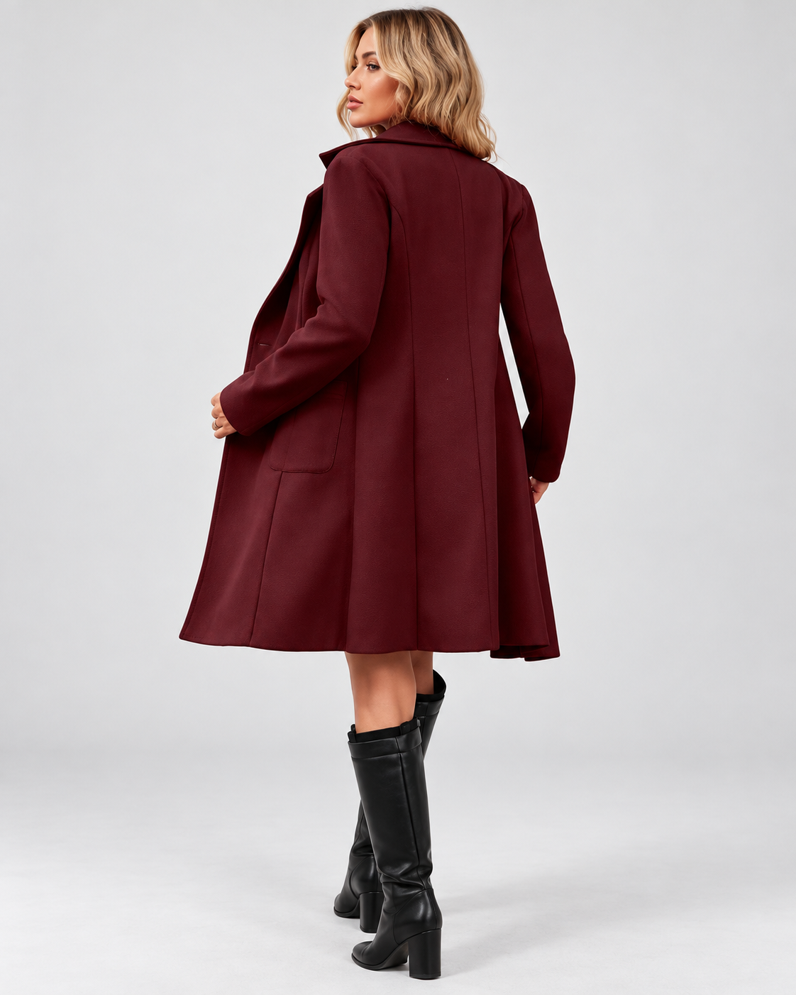 Women's Mid Length Wool Blend Coat with Notch Lapel and Double Breasted Front