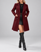 Women's Mid Length Wool Blend Coat with Notch Lapel and Double Breasted Front