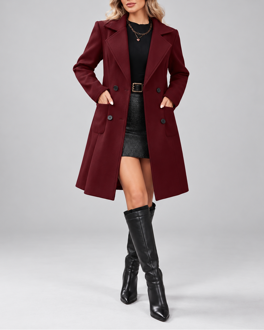 Women's Mid Length Wool Blend Coat with Notch Lapel and Double Breasted Front
