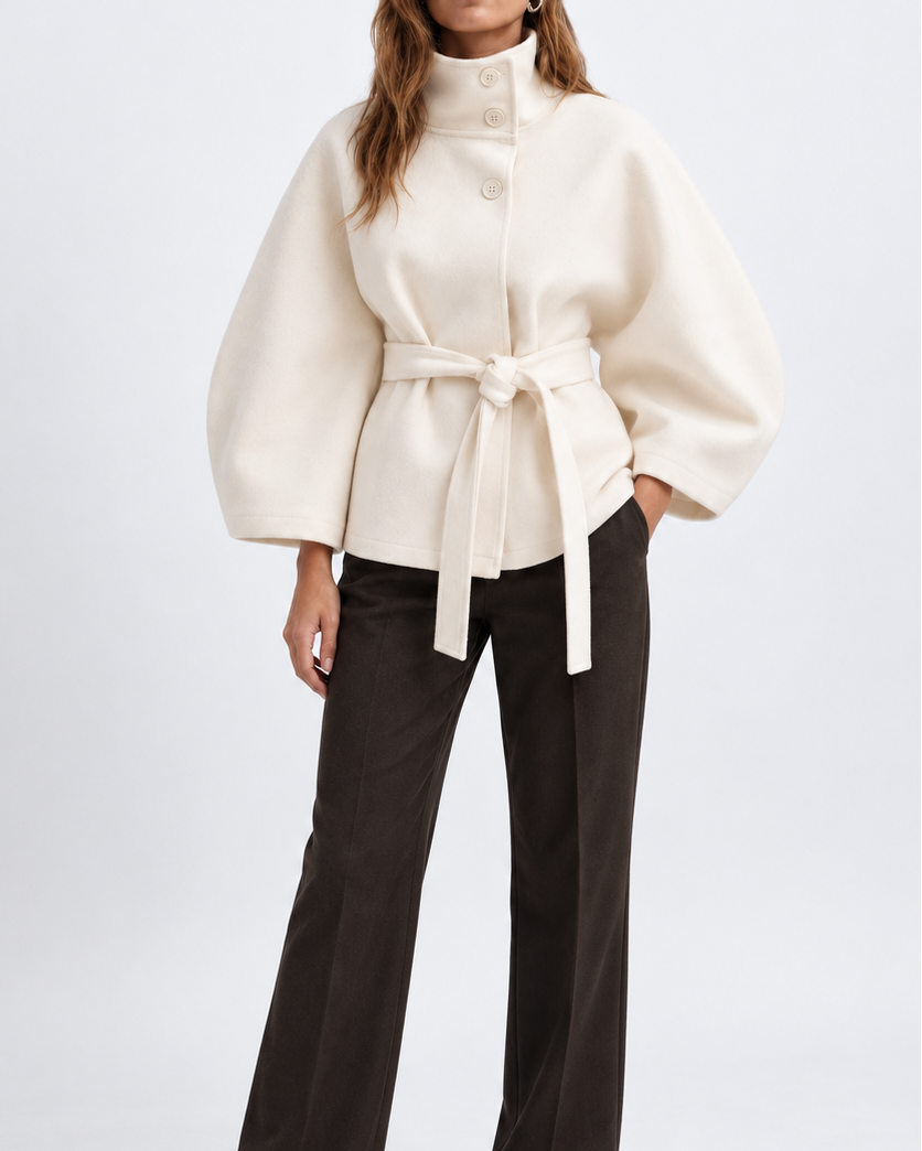 Women's Belted Cape Coat with High Collar and Button Front