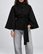 Women's Belted Cape Coat with High Collar and Button Front