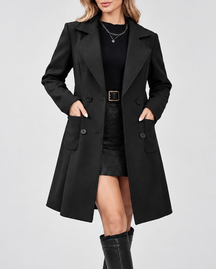 Women's Mid Length Wool Blend Coat with Notch Lapel and Double Breasted Front
