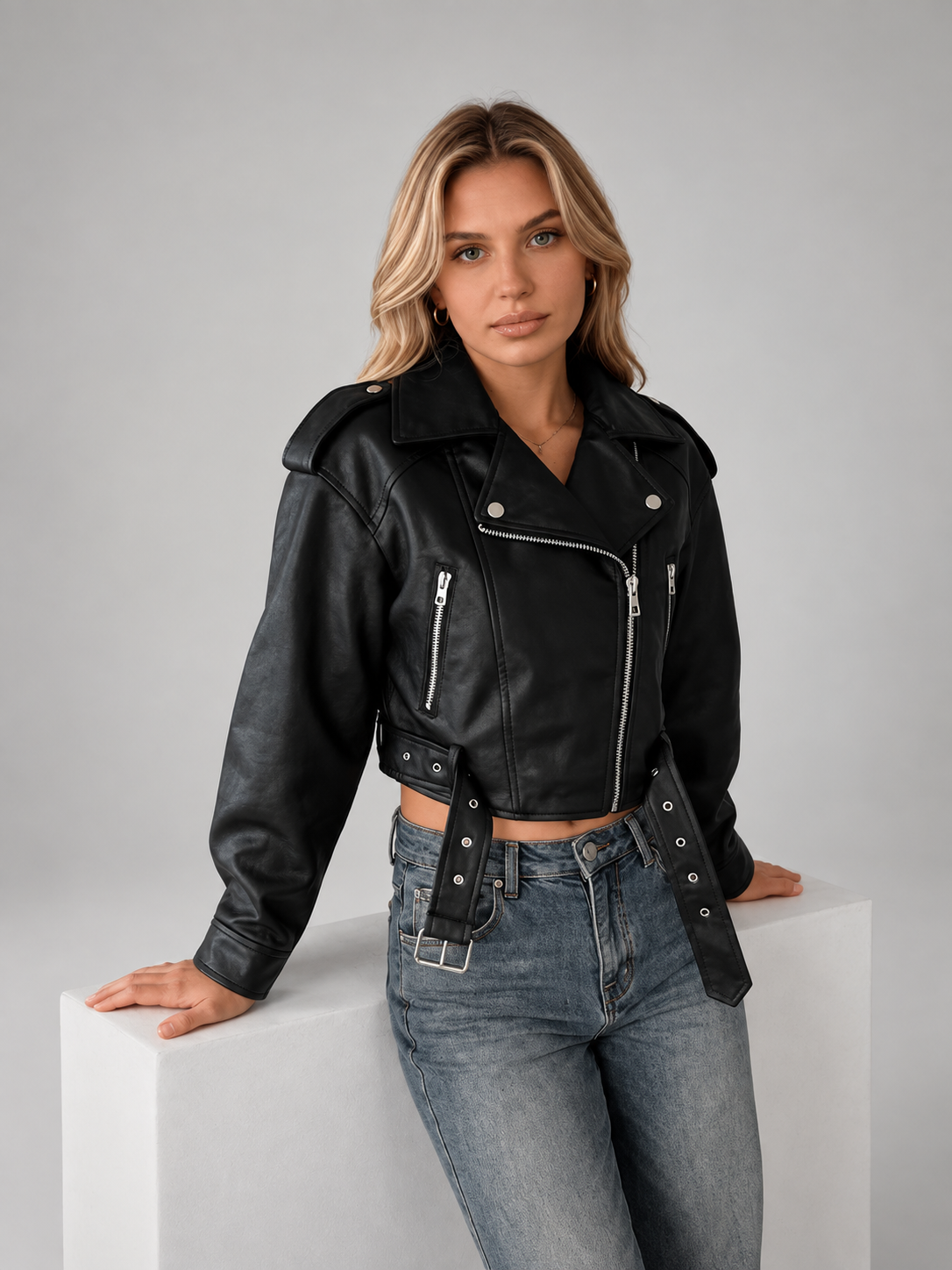 Women's Cropped Faux Leather Biker Jacket with Belted Hem and Zip Front