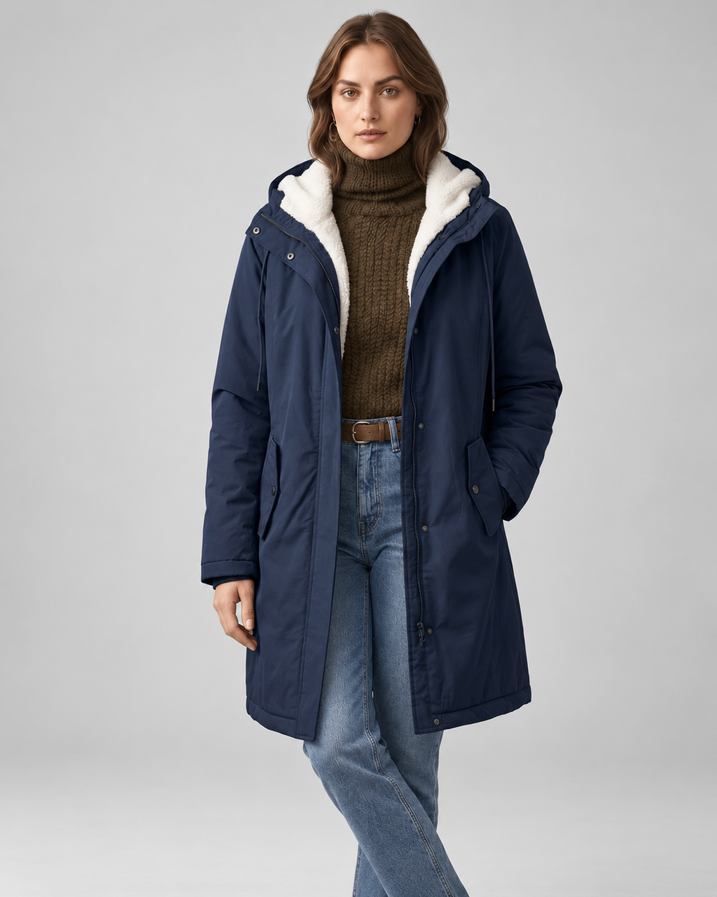 Women's Fleece Lined Long Parka with Hood and Drawstring Waist