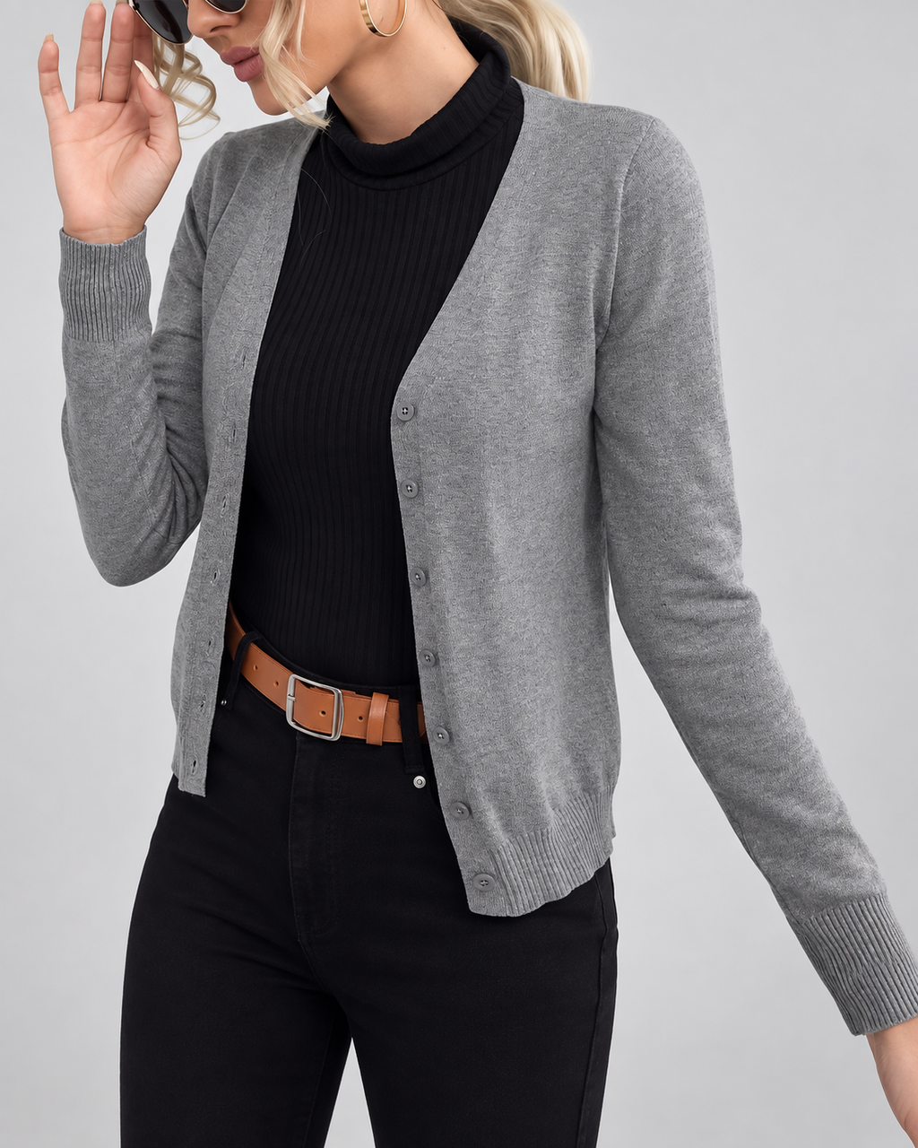 Women's Fine Knit V-Neck Cardigan with Button Front