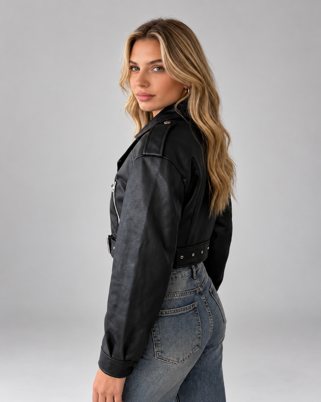 Women's Cropped Faux Leather Biker Jacket with Belted Hem and Zip Front