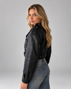 Women's Cropped Faux Leather Biker Jacket with Belted Hem and Zip Front