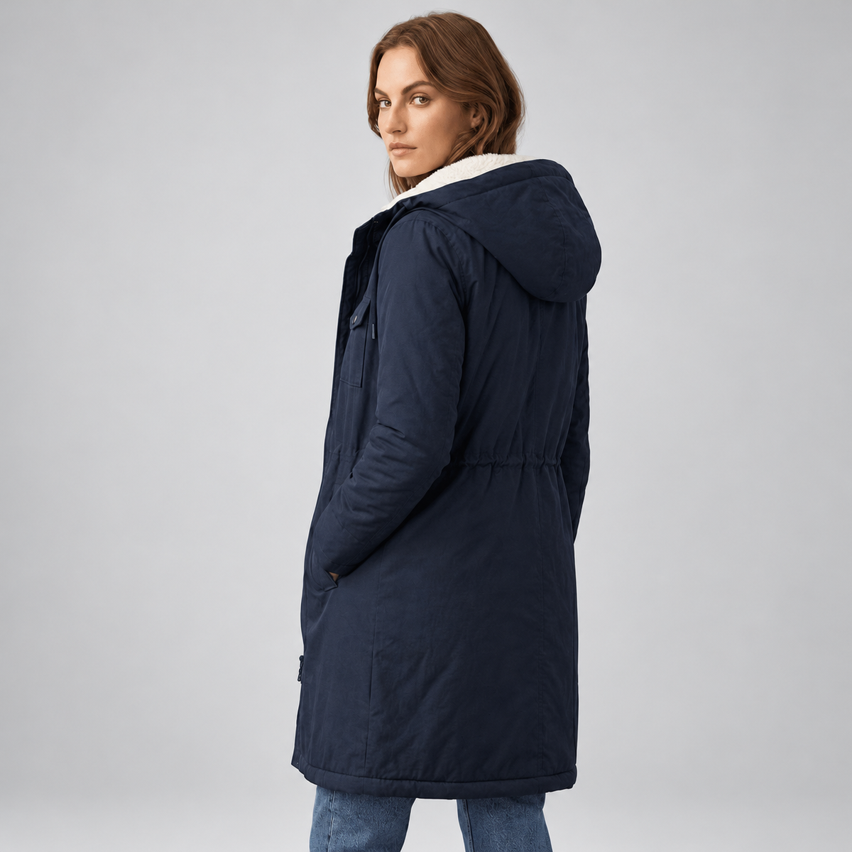 Women's Fleece Lined Long Parka with Hood and Drawstring Waist