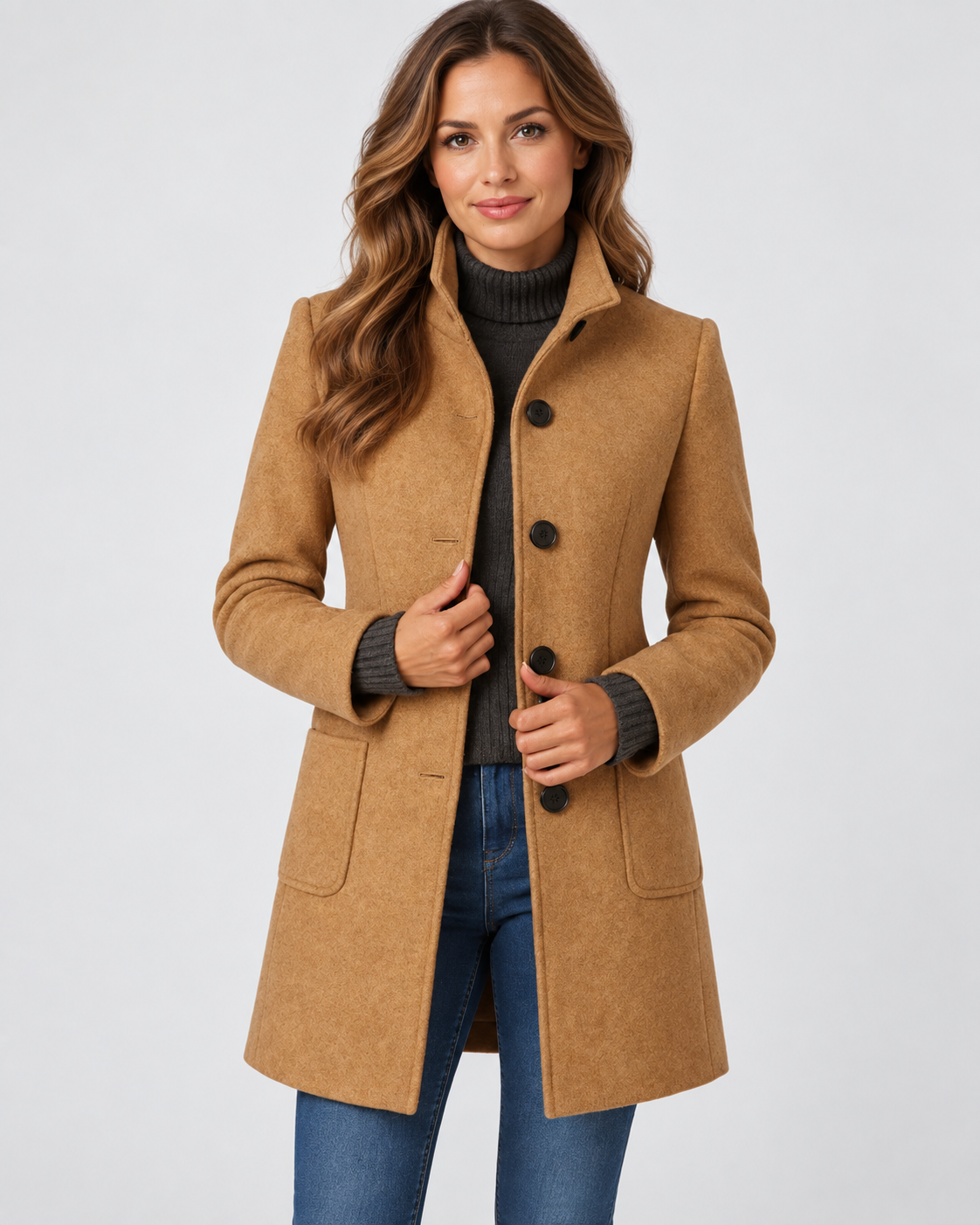 Women's Long Coat with Stand Collar and Button Front
