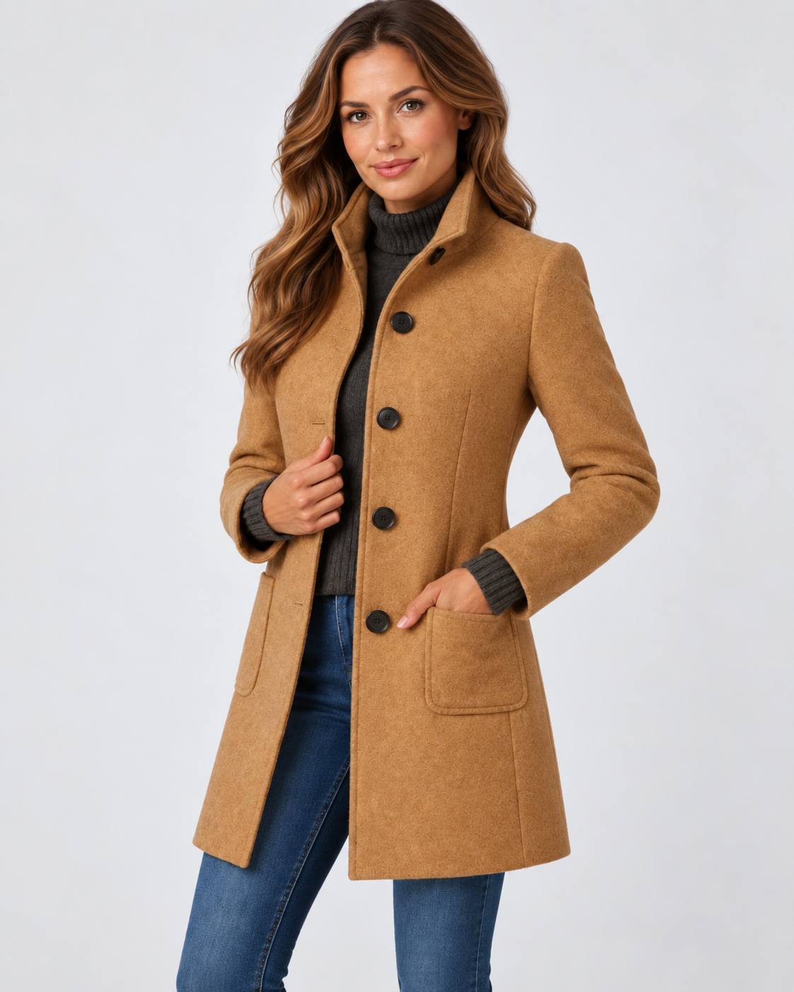 Women's Long Coat with Stand Collar and Button Front